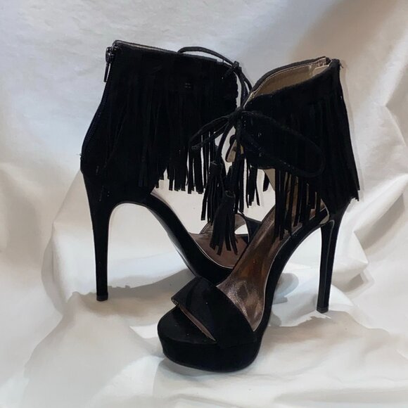 Size 5.5 Qupid Black Suede Stiletto With Fringe Cuff - Picture 2 of 16